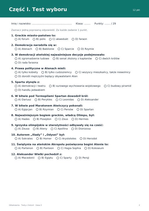 Test: Starożytna Grecja (klasa 5)