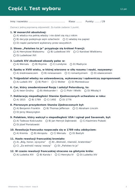 Test: Absolutyzm, oświecenie i rewolucje (klasa 6)