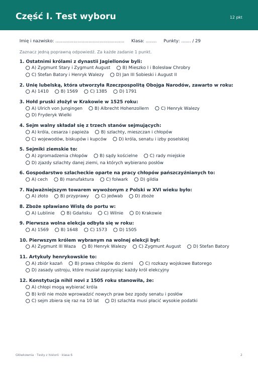 Test: Rzeczpospolita w XVI wieku (klasa 6)
