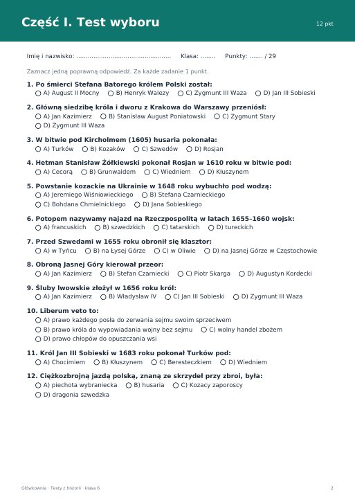 Test: Wojny Rzeczypospolitej w XVII wieku (klasa 6)
