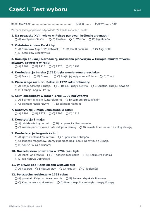 Test: Upadek Rzeczypospolitej (klasa 6)