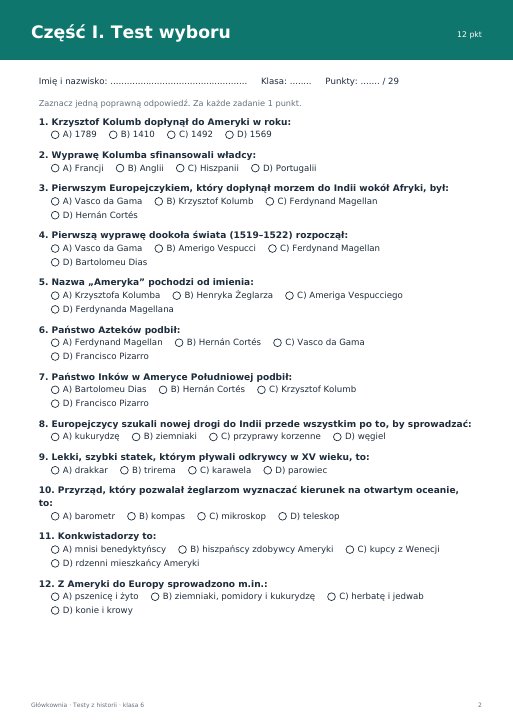 Test: Wielkie odkrycia geograficzne (klasa 6)