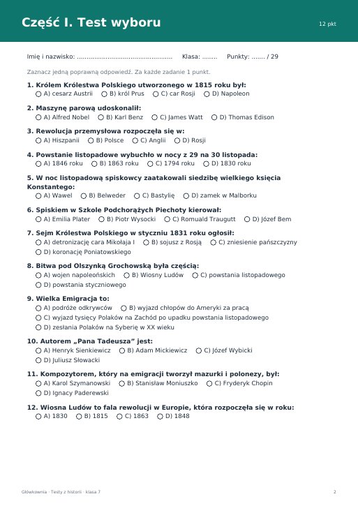 Test: Europa i ziemie polskie 1815–1848 (klasa 7)