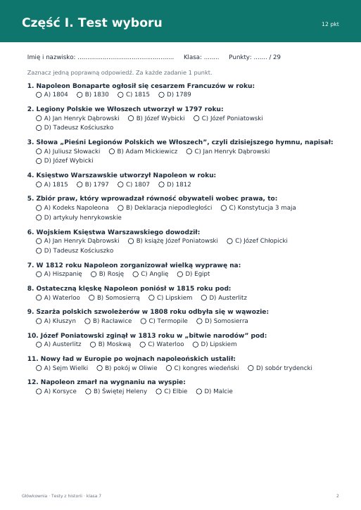 Test: Epoka napoleońska (klasa 7)