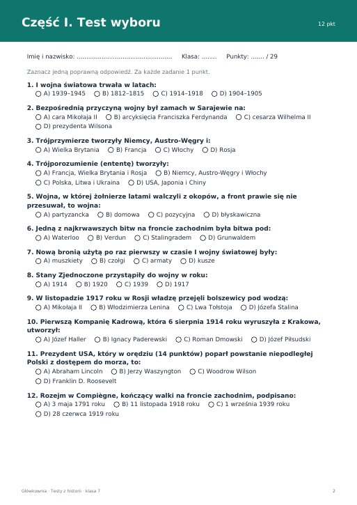 Test: I wojna światowa (klasa 7)