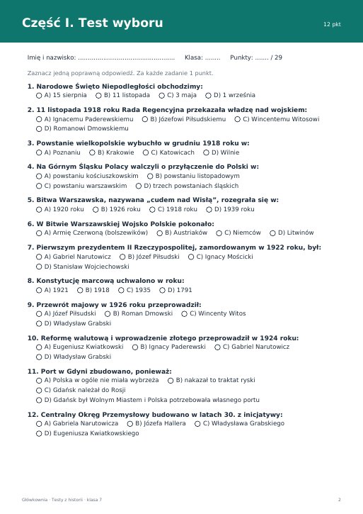 Test: Odrodzona Polska (II RP) (klasa 7)