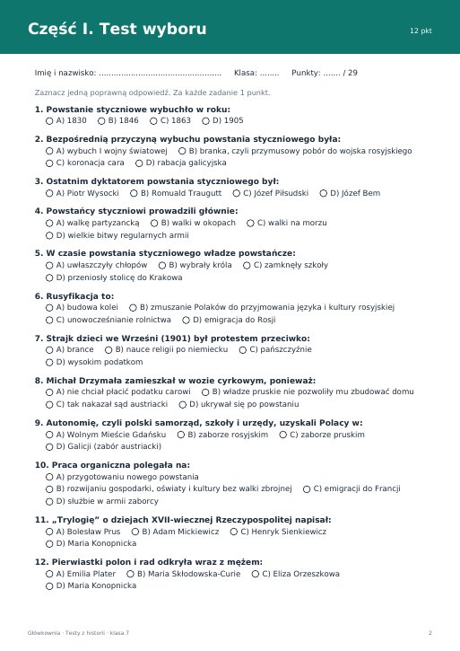 Test: Powstanie styczniowe i zabory (klasa 7)