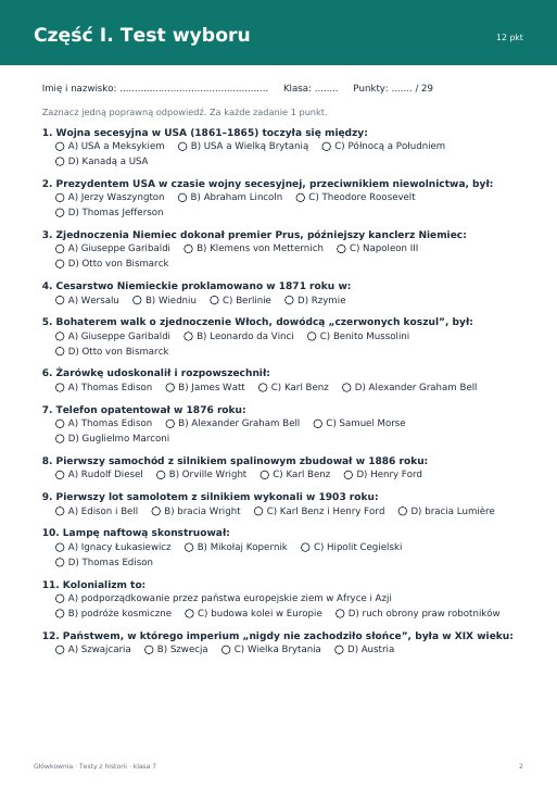 Test: Świat w drugiej połowie XIX wieku (klasa 7)