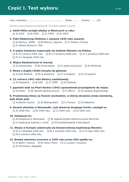 Test: II wojna światowa (klasa 8)