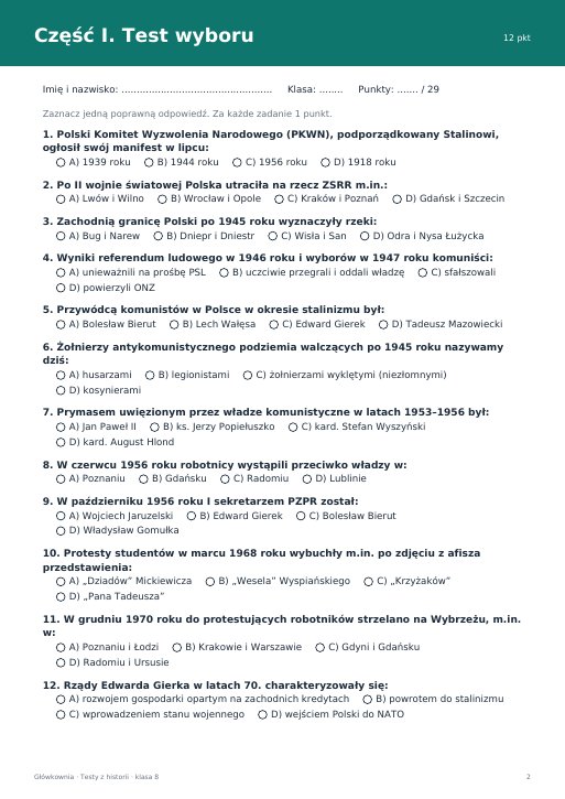 Test: Polska Ludowa (PRL) 1944–1980 (klasa 8)