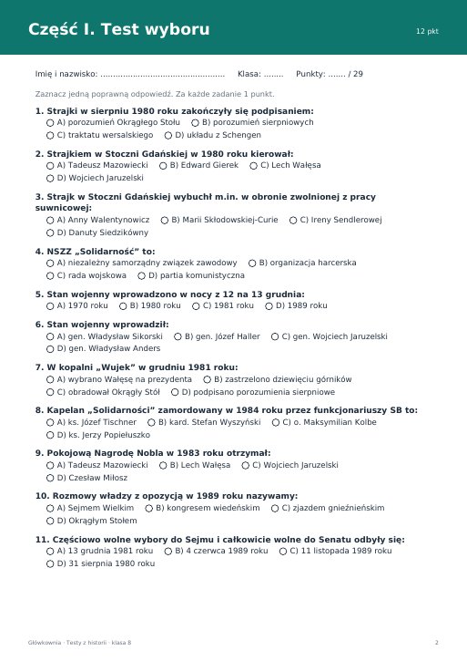 Test: Solidarność i upadek komunizmu (klasa 8)