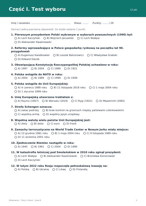 Test: Polska i świat po 1989 roku (klasa 8)
