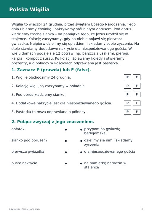 Wigilia i tradycje świąteczne – karta pracy