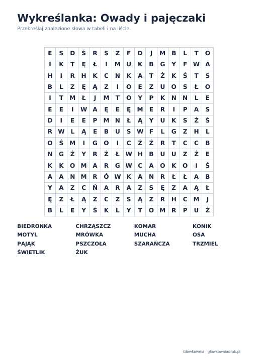 Wykreślanka: Owady i pajęczaki