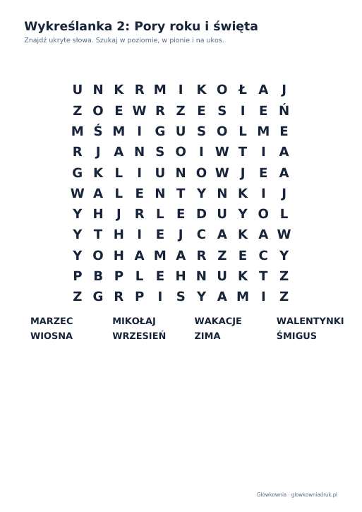 Wykreślanki: pory roku i święta – duży druk, zestaw 1