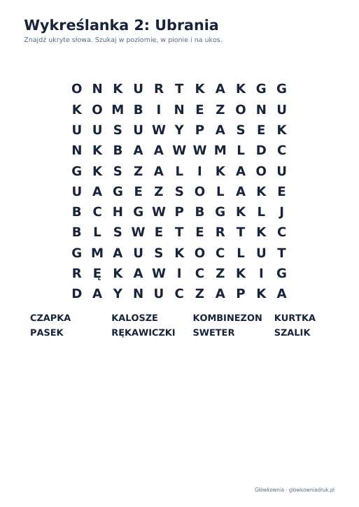 Wykreślanki: ubrania – duży druk, zestaw 1