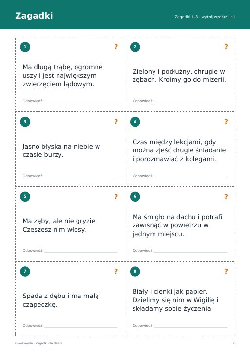 Zagadki dla dzieci 6–8 lat – karty do druku