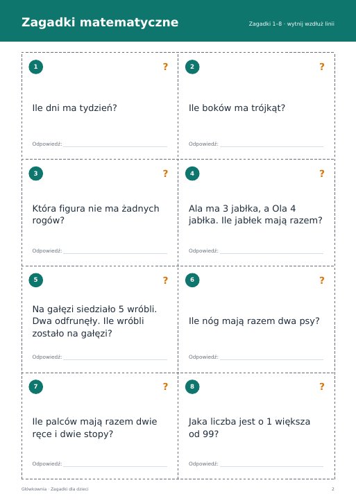 Zagadki matematyczne – karty do druku
