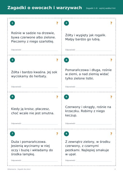 Zagadki o owocach i warzywach – karty do druku