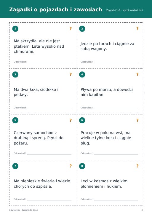 Zagadki o pojazdach i zawodach – karty do druku