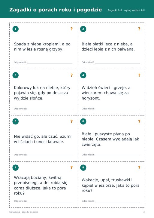 Zagadki o porach roku i pogodzie – karty do druku