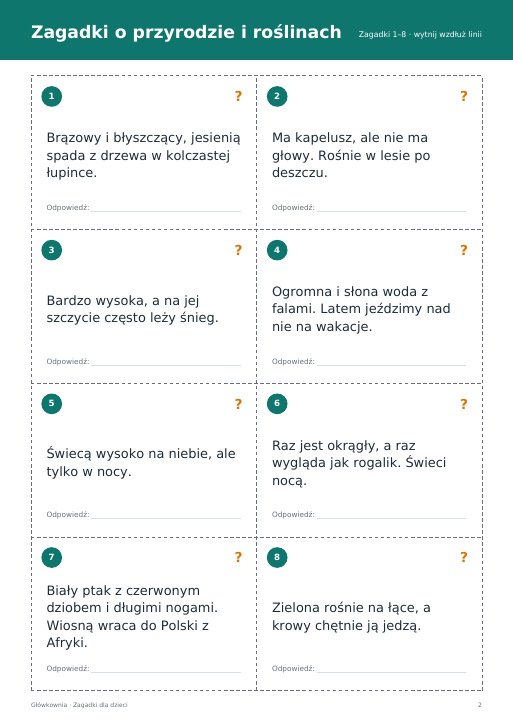 Zagadki o przyrodzie i roślinach – karty do druku