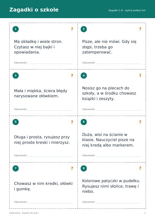 Zagadki o szkole – karty do druku