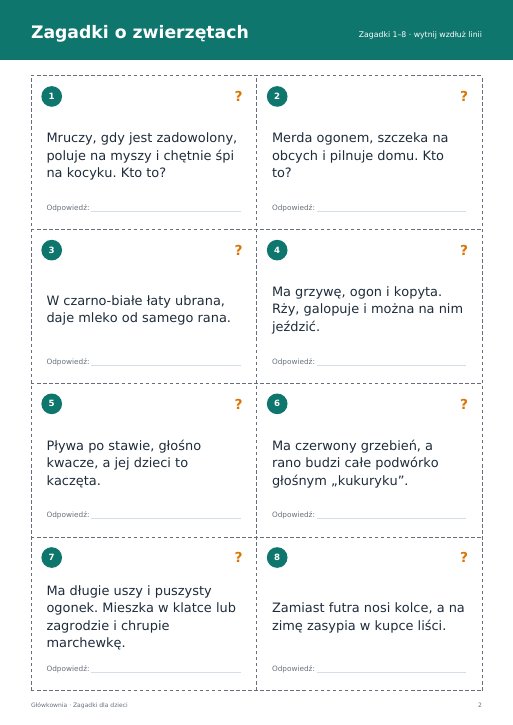 Zagadki o zwierzętach – karty do druku