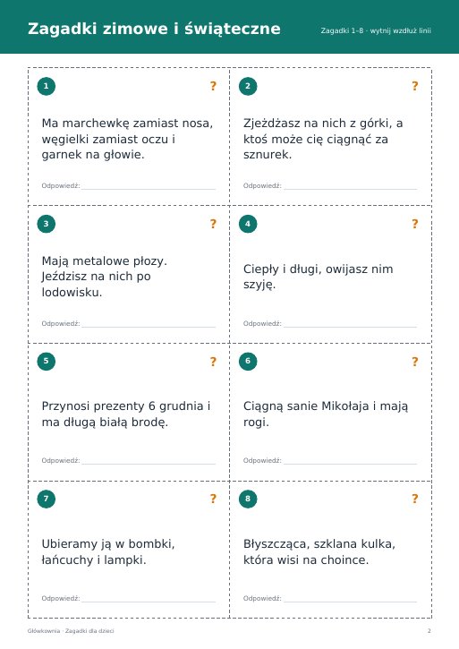 Zagadki zimowe i świąteczne – karty do druku