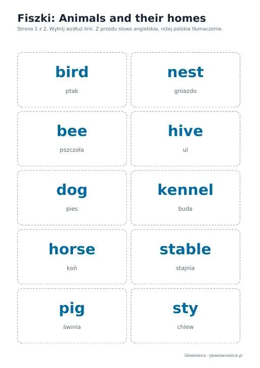 Podgląd: Angielski: Animals and their homes, fiszki do wycięcia
