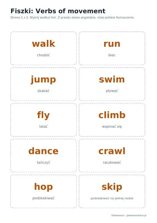 Podgląd: Angielski: Verbs of movement, fiszki do wycięcia