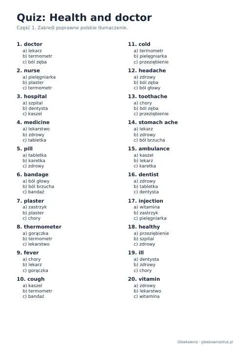 Podgląd: Angielski: quiz ze słówek, Health and doctor