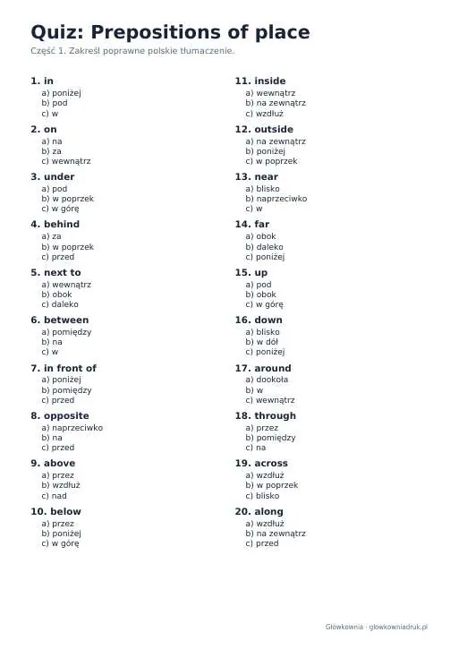 Podgląd: Angielski: quiz ze słówek, Prepositions of place