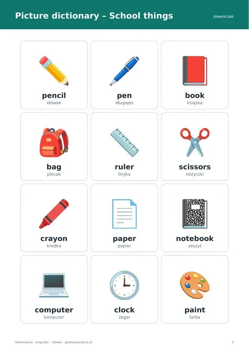 School things – angielski karty pracy