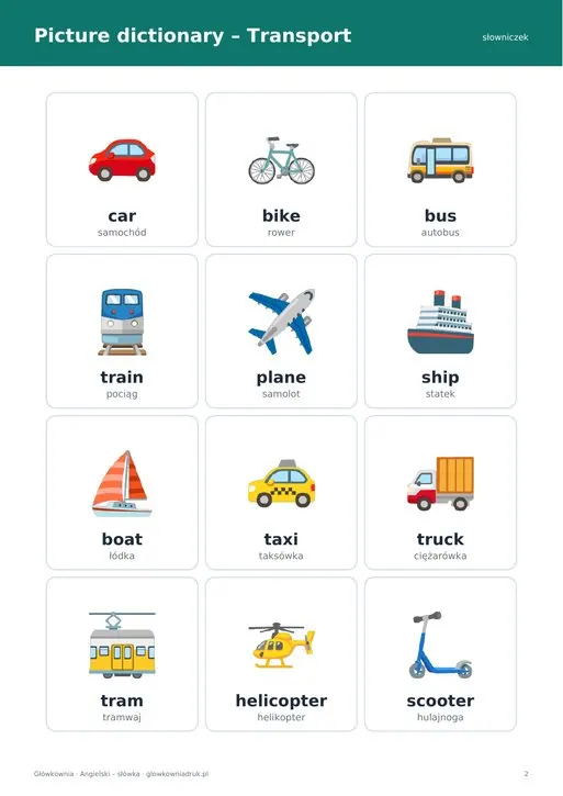 Transport – angielski karty pracy