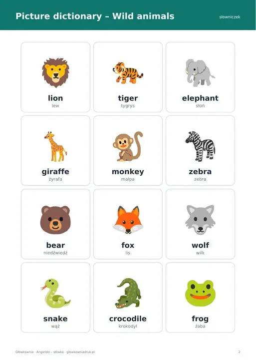 Wild animals – angielski karty pracy