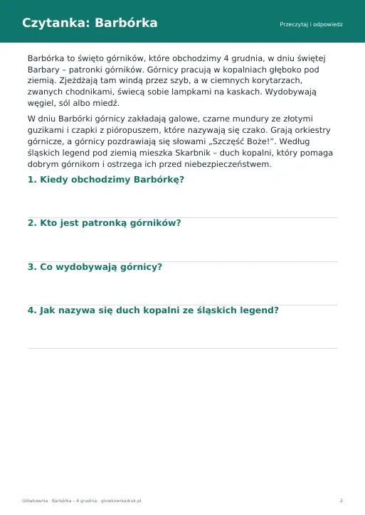 Barbórka – karty pracy dla dzieci do druku