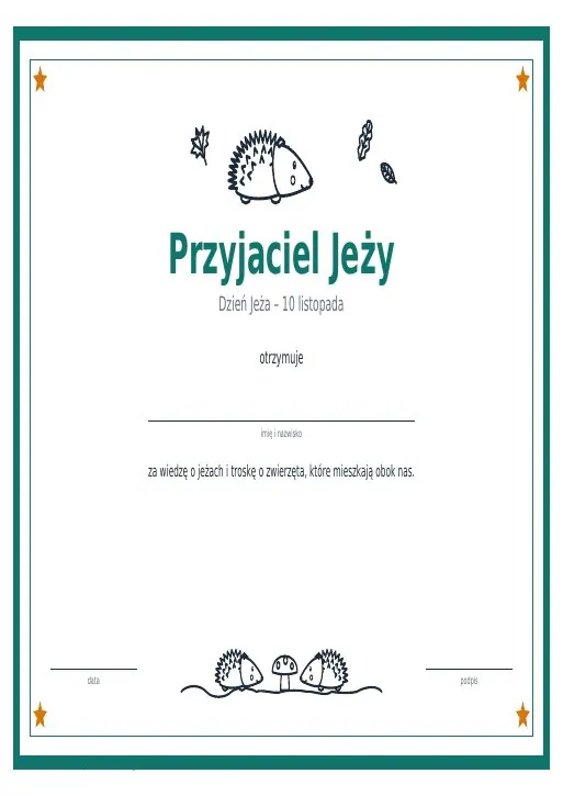 Dyplom na Dzień Jeża – 3 wzory do druku dla dzieci