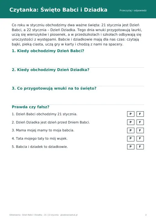 Dzień Babci i Dziadka – karty pracy do druku