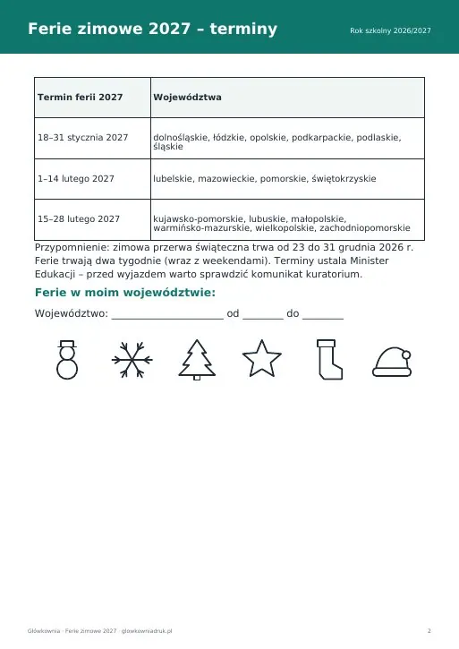 Ferie zimowe 2027 – terminy