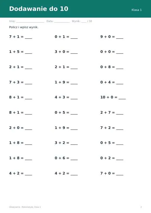 Karty pracy z matematyki, klasa 1