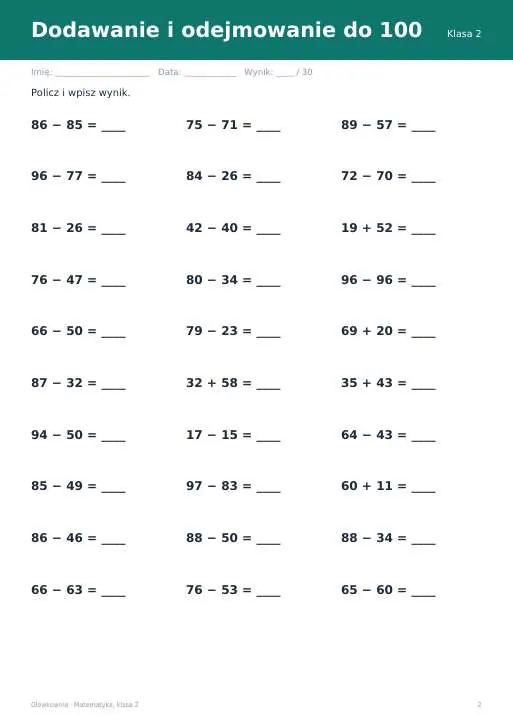 Karty pracy z matematyki, klasa 2