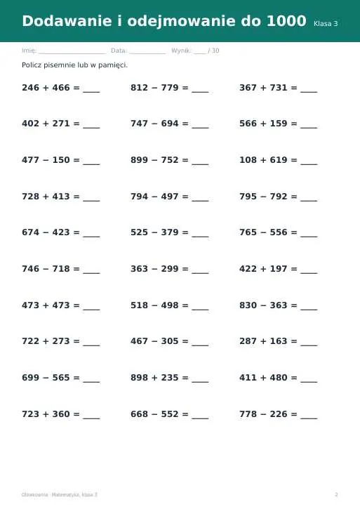 Karty pracy z matematyki, klasa 3