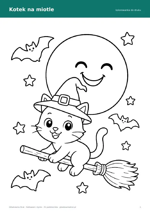 Kolorowanka kotek na miotle – Halloween