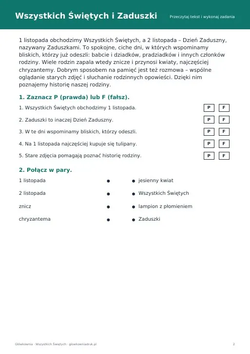 Pamiętamy – karta pracy na 1 i 2 listopada