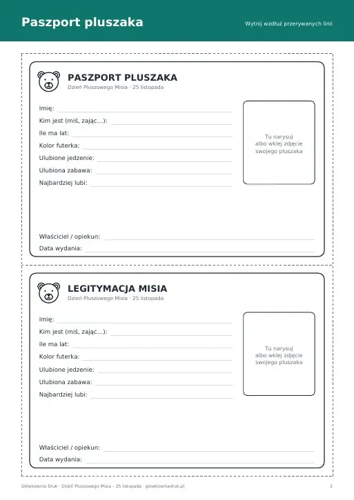 Paszport pluszaka do druku – legitymacja misia
