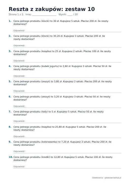 Podgląd: Reszta z zakupów: zestaw 10