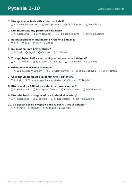 Quiz z jakiej to bajki? – 20 pytań do druku