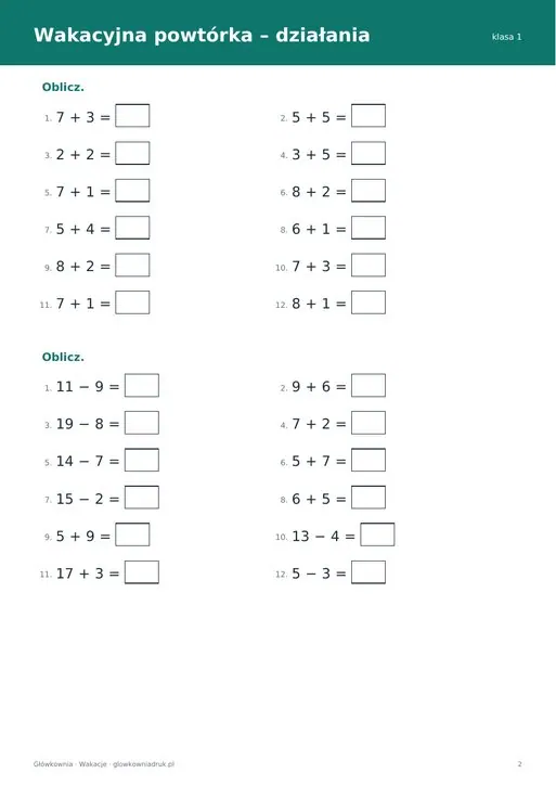 Wakacyjna powtórka z matematyki – klasa 1