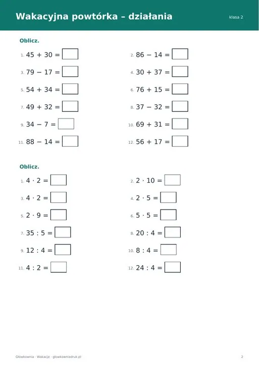 Wakacyjna powtórka z matematyki – klasa 2